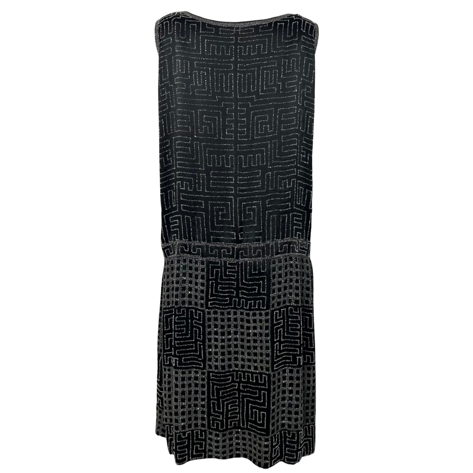 1920's Art Deco Geometric Beaded Black Silk Satin Evening Dress, back