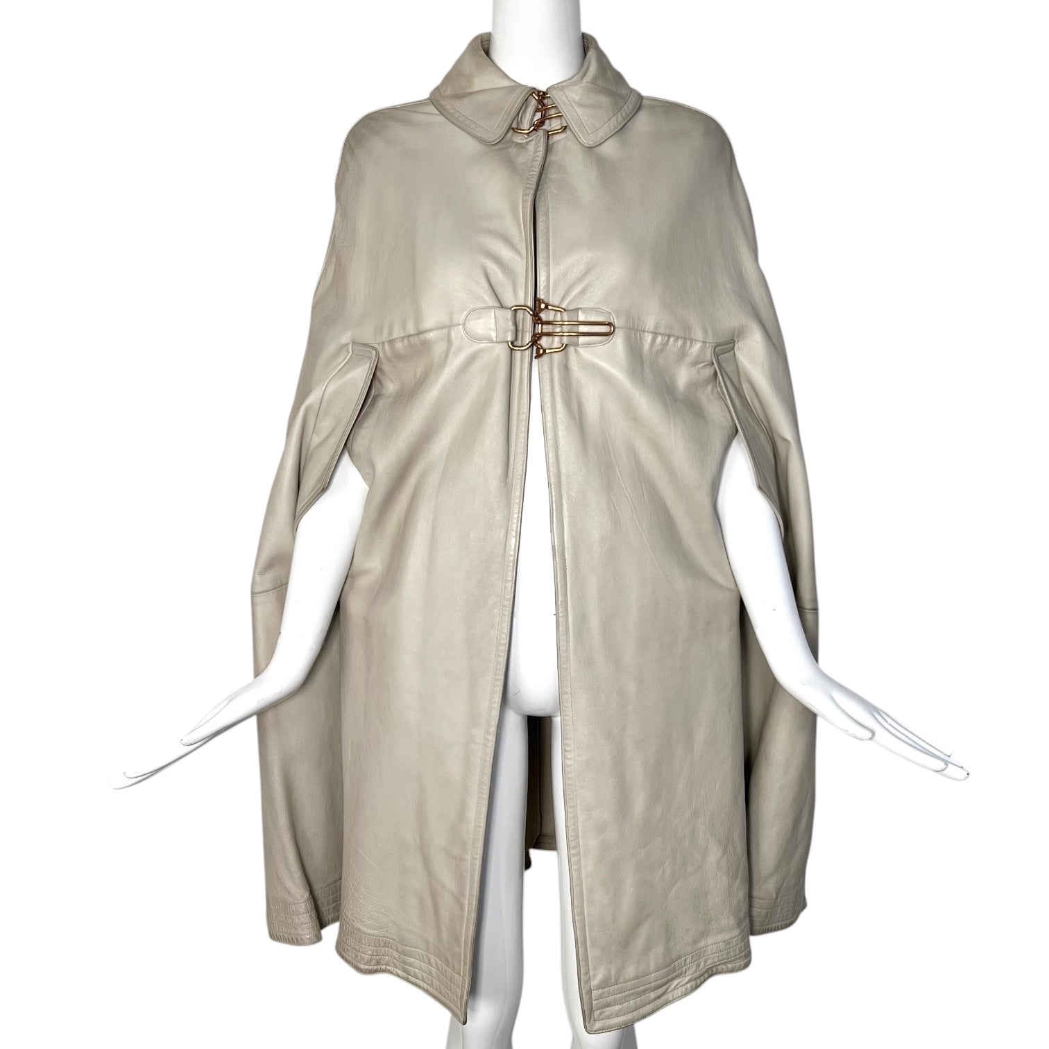 Bonnie Cashin for Sills Late Late 1960's Taupe Beige Leather Cape with Brass Hardware, arms through