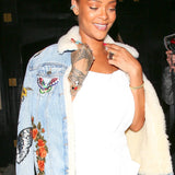 Gucci F/W 2016 Denim Patchwork Jacket with Faux Shearling Lining, Rihanna wearing FW16 Gucci Denim Jacket 2