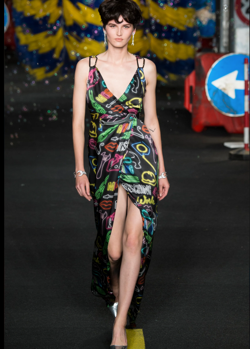 Moschino Couture SS 2016 Neon Sign Novelty Print Silk Gown RUNWAY SS 2016