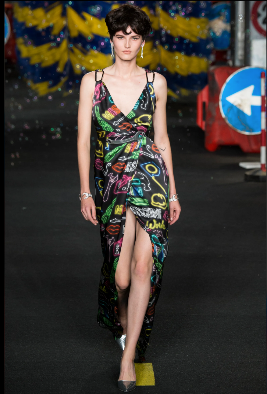 Moschino Couture S/S 2016 Neon Sign Novelty Print Silk Gown – THE Moschino Couture S/S 2016 Neon Sign Novelty Print Silk Gown – THE