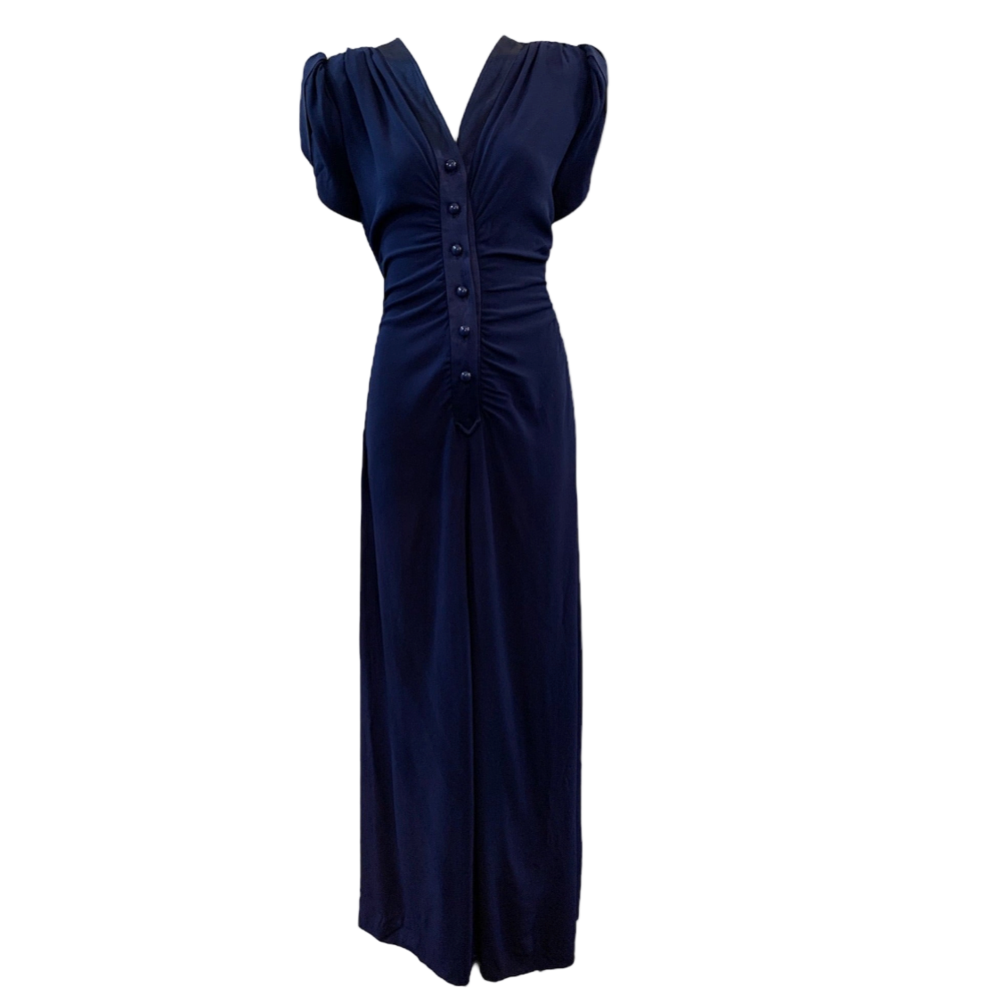 Saint Laurent Rive Gauche S/S 1983 Navy Blue Ruched Silk Crepe Full Le THE WAY WE WORE Saint Laurent Rive Gauche S/S 1983 Navy Blue Ruched Silk Crepe Full Le THE WAY WE WORE