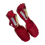 Yves Saint Laurent circa 1990's Red Logo Crossgrain Satin Finish Evening Espadrille Wedge