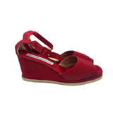 Yves Saint Laurent circa 1990's Red Logo Crossgrain Satin Finish Evening Espadrille Wedge