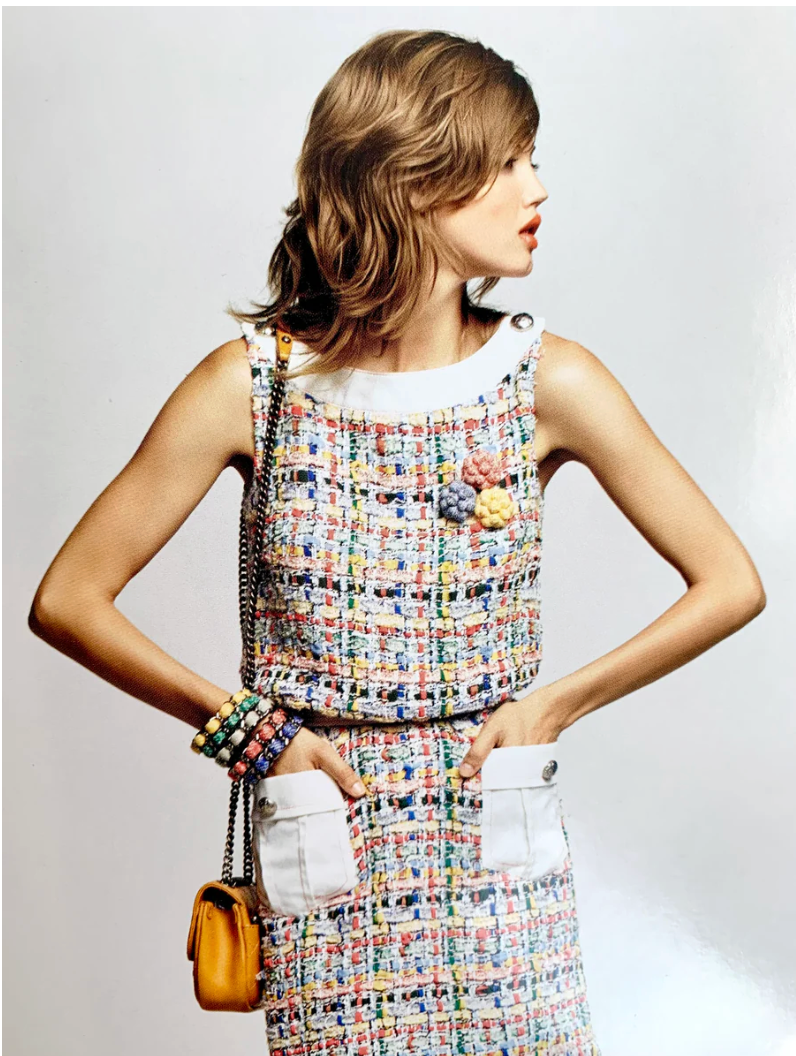 Chanel S/S 2015 Multicolored Boucle Tweed Fringed Hem Dress, editorial