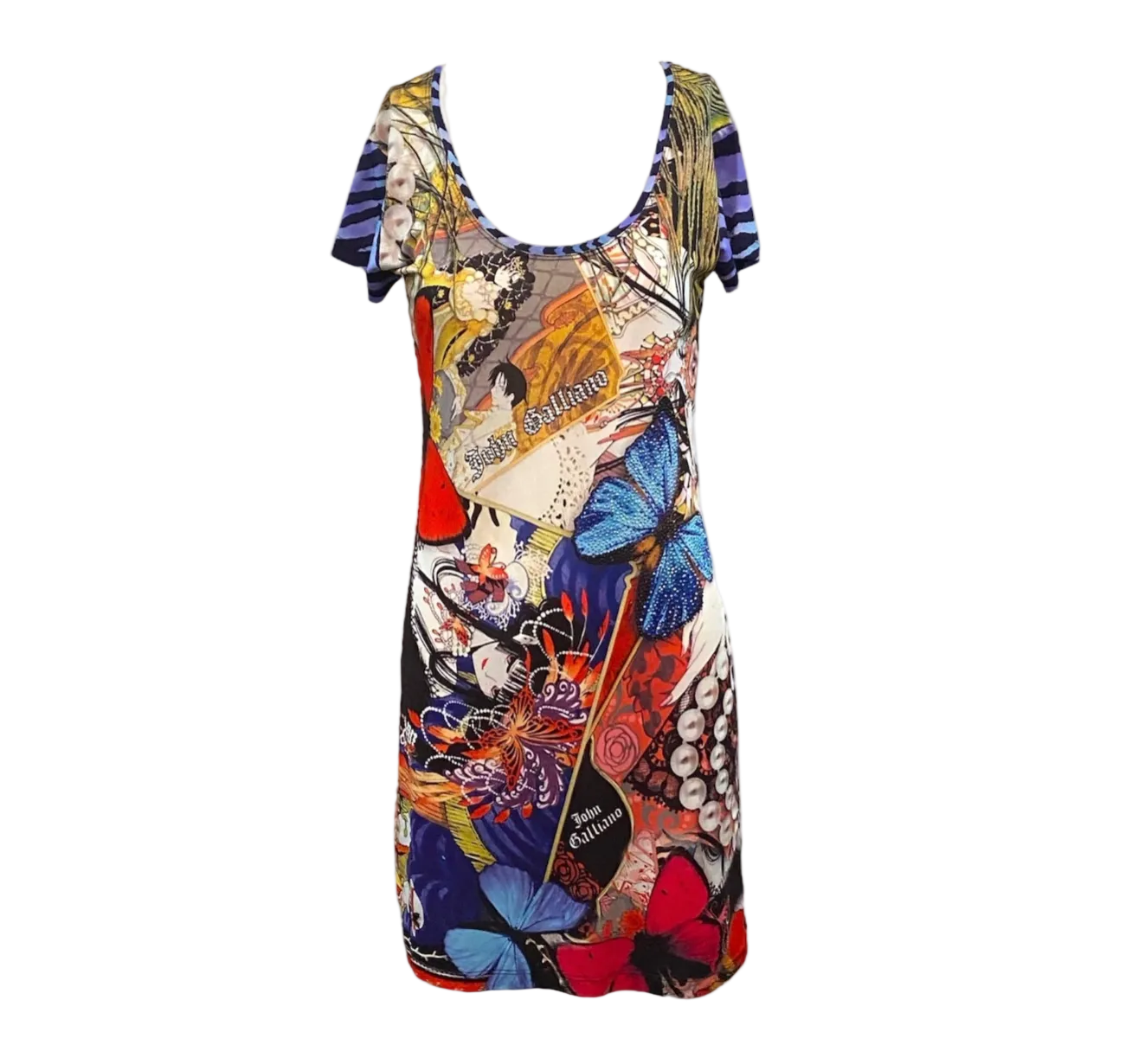 Colorful John Galliano dress with abstract design on a white background