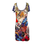 Colorful John Galliano dress with abstract design on a white background