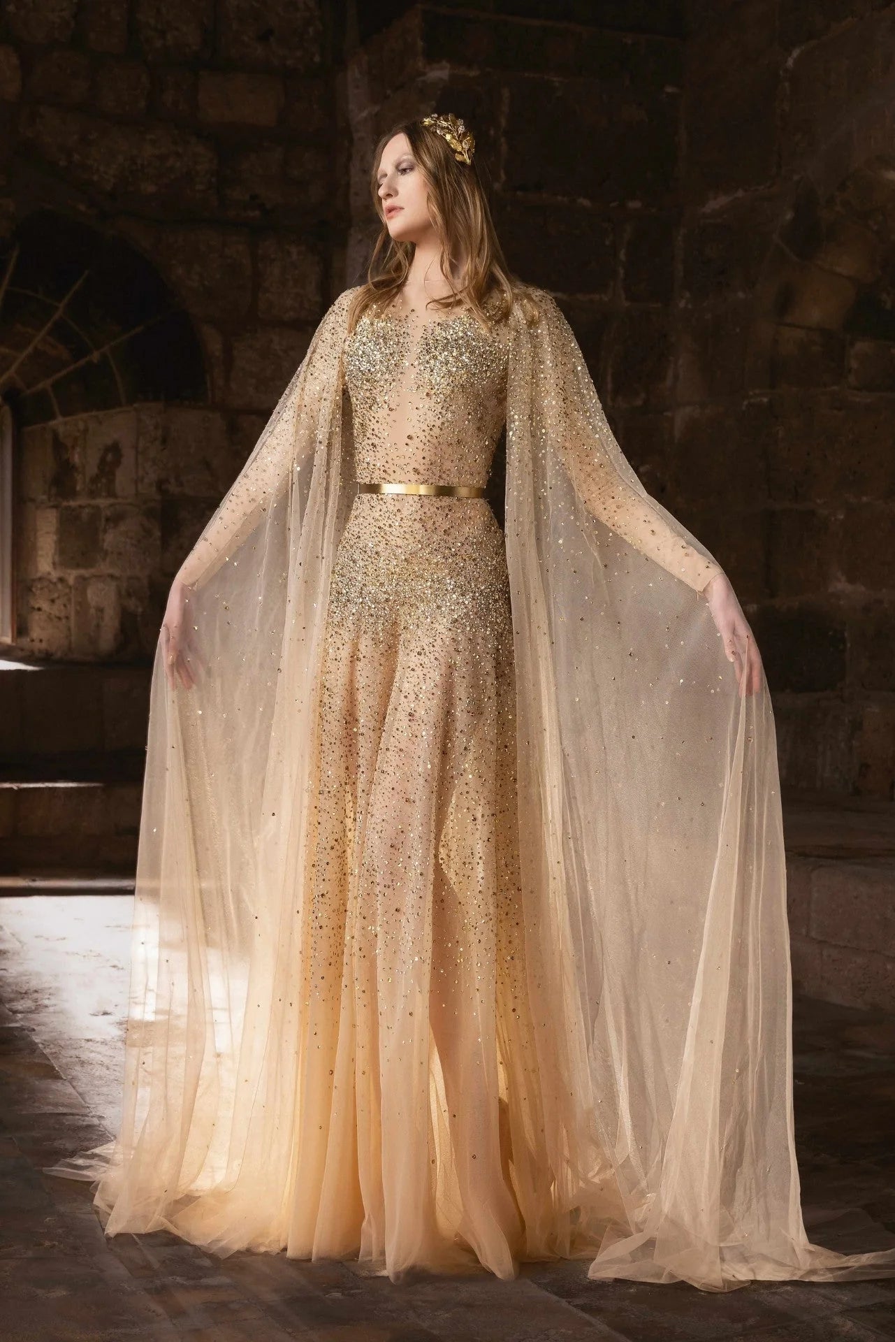 Tony Ward Fall 2025 Sheer Tulle Beaded and Crystal Gown with Waterfall Sleeves