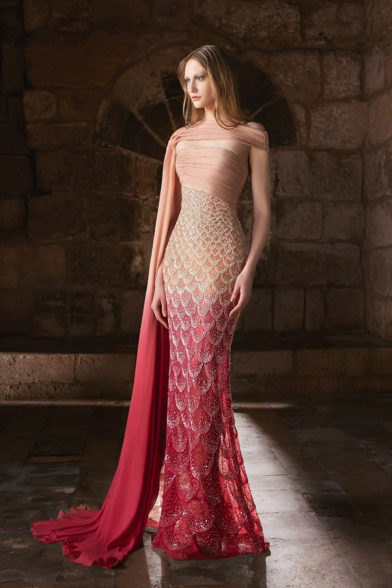 Tony Ward 2025 Blush to Rose Ombre Sequin Gown with stole, model