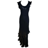 Holly Harp 1990s Black Chiffon Bias-Cut Tiered Gown