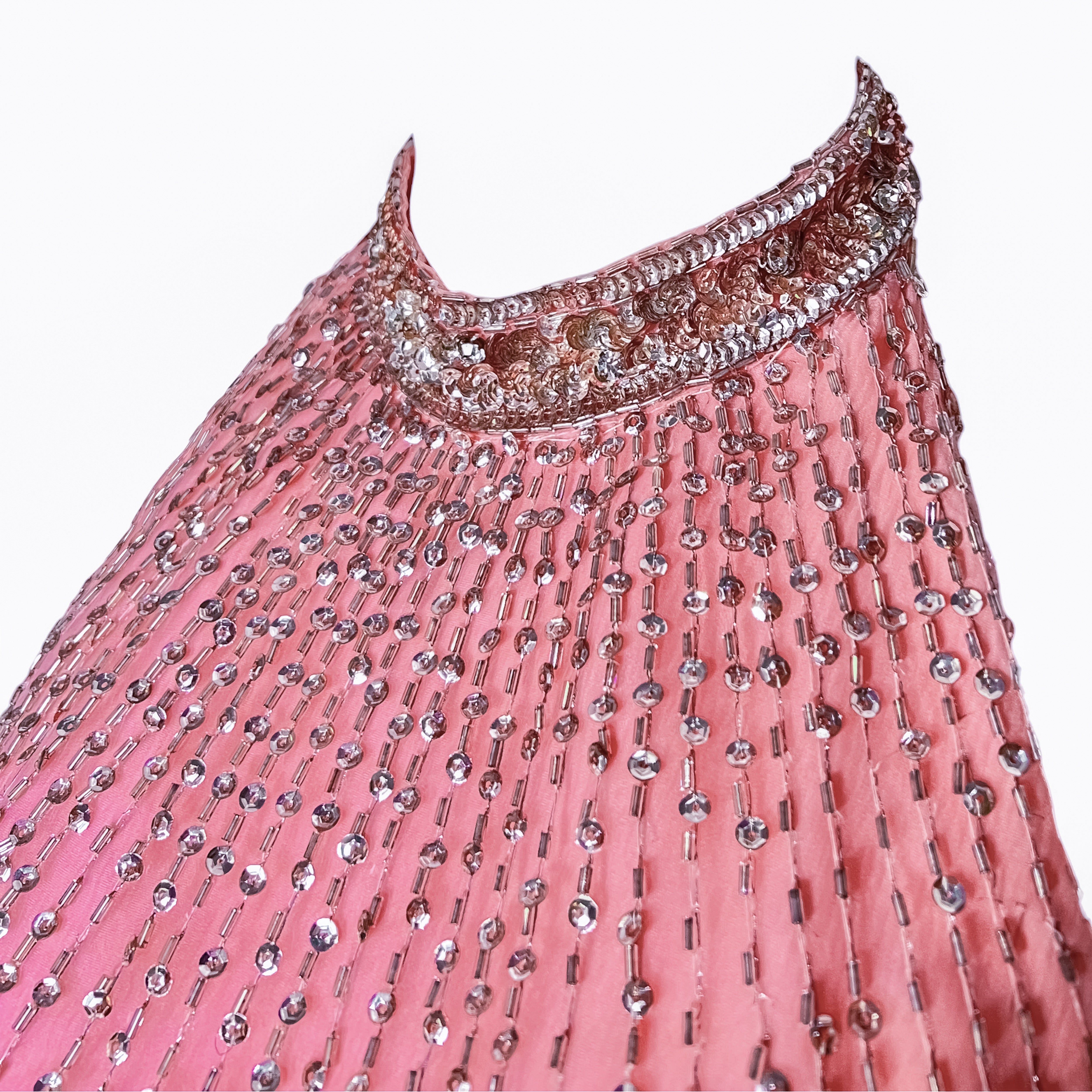 Loris Azzaro Mid-Late 1970's Bubblegum Pink Silver Beaded Halter Neck Gown, neck detail