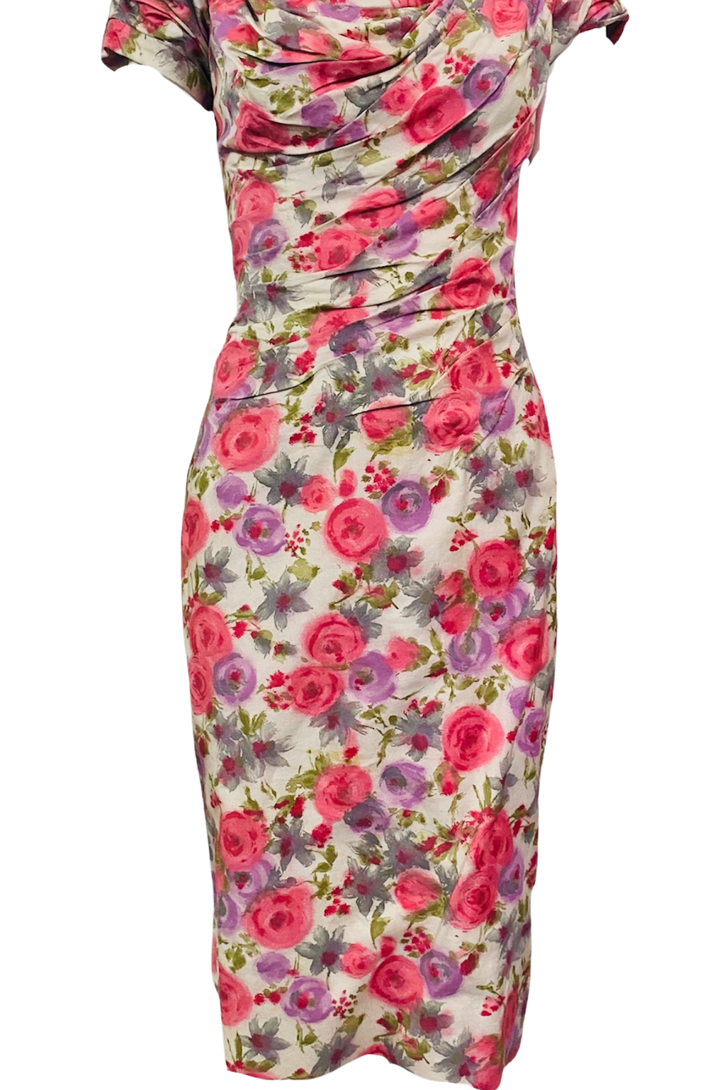 Ceil Chapman 50s Floral Cotton Sexy Shirred Wiggle Dress FRONT  1 of 5