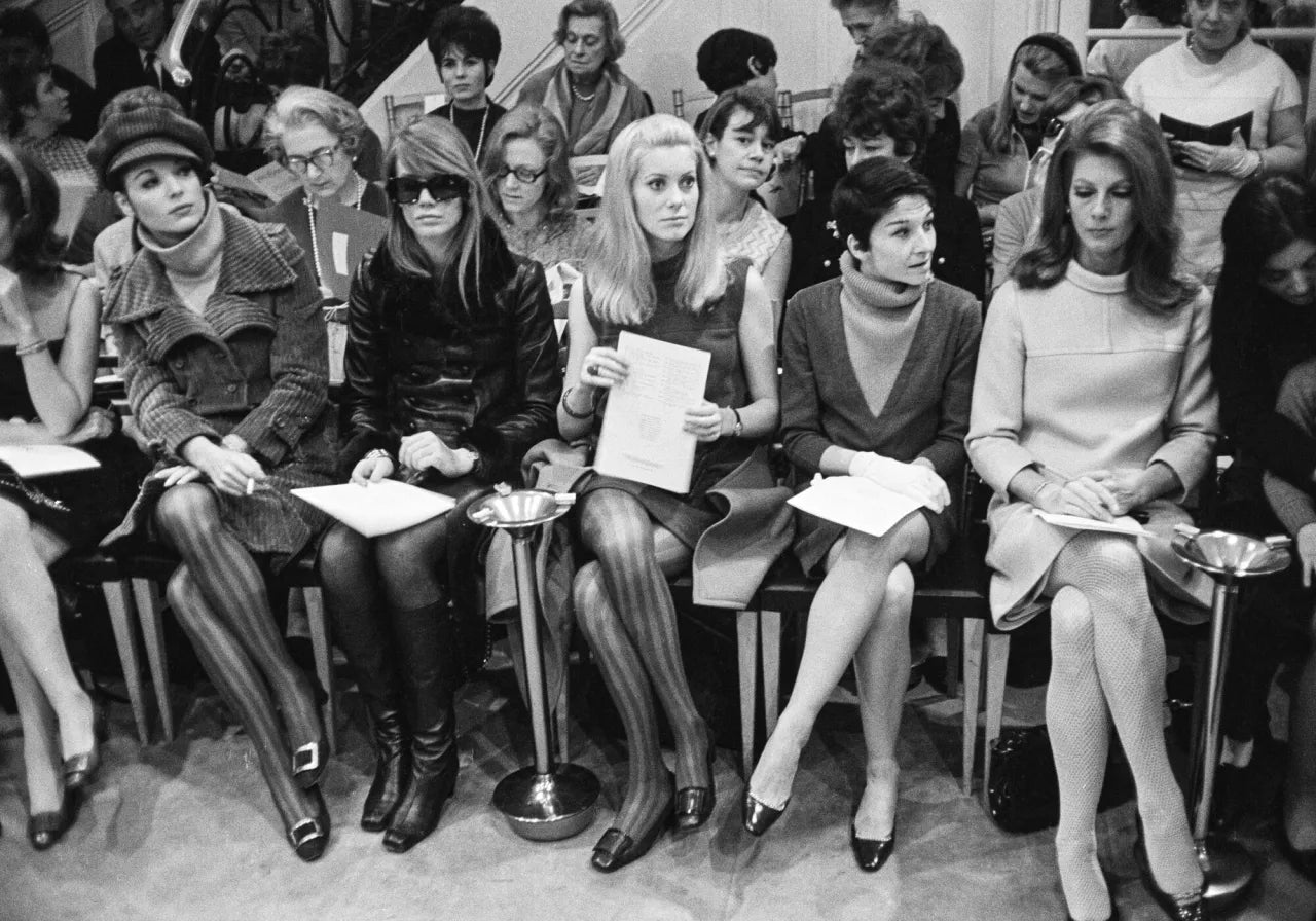 Yves Saint Laurent fashion show front row. (L-R) actress Elsa Martinelli, singer Francoise Hardy, actress Catherine Deneuve, ballet dancer Zizi Jeanmaire and fashion model Fiona Campbell-Walter (formerly Baroness Fiona von Thyssen) February 3rd 1967.