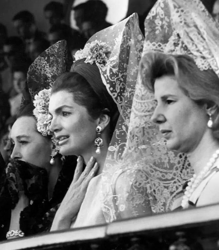 Spanish Oversized Peinata Faux Tortoise Shell, Carved.  Jackie Kennedy at a bullfighting event at the Maestranza, 1966