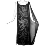 Galanos Black Embroidered Lace Gown Veiled with Chiffon Overlay and Train