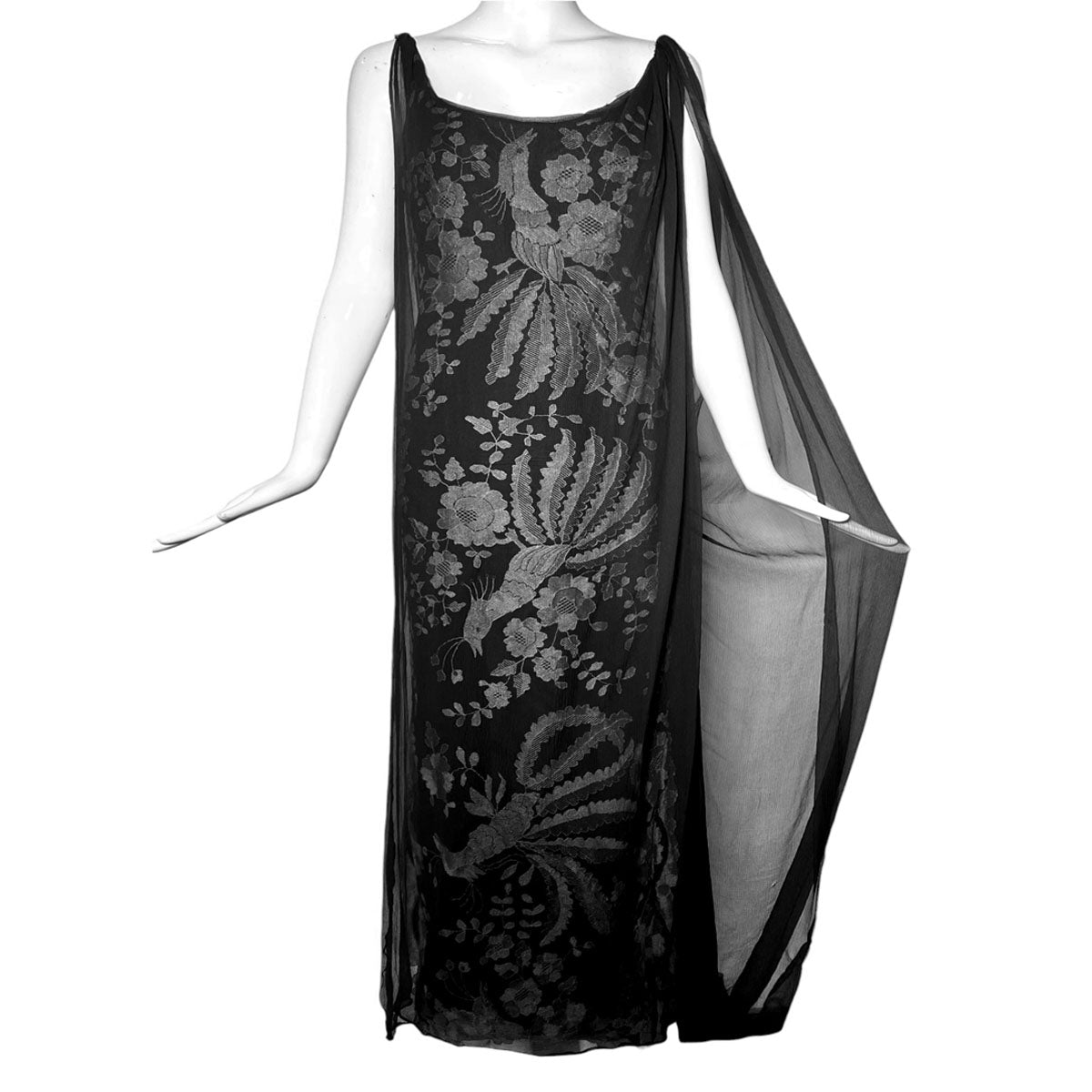 Galanos Black Embroidered Lace Gown Veiled with Chiffon Overlay and Train