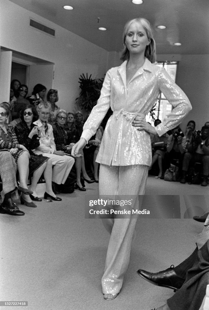 Halston 1974 Resort Cream Sequin Shirt Dress + Tie Belt, runway