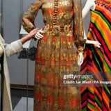 Lady Anne Glenconner is seen at the private viewing of The Glamour of Bellville Sassoon, with the dress she donated to the exhibition, at the Fashion and Textile Museum in London. (Photo by Ian West/PA Images via Getty Images)
