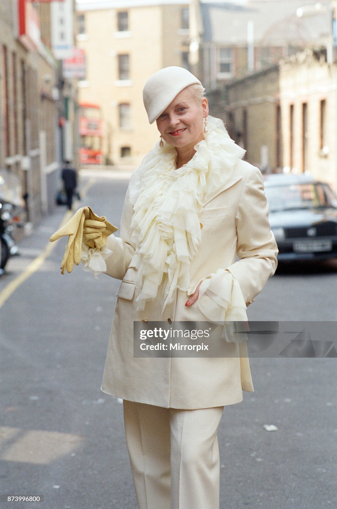 Vivienne Westwood, pictured outside her London office, 12th June 1992. (Photo by Arnold Slater/Mirrorpix/Getty Images)