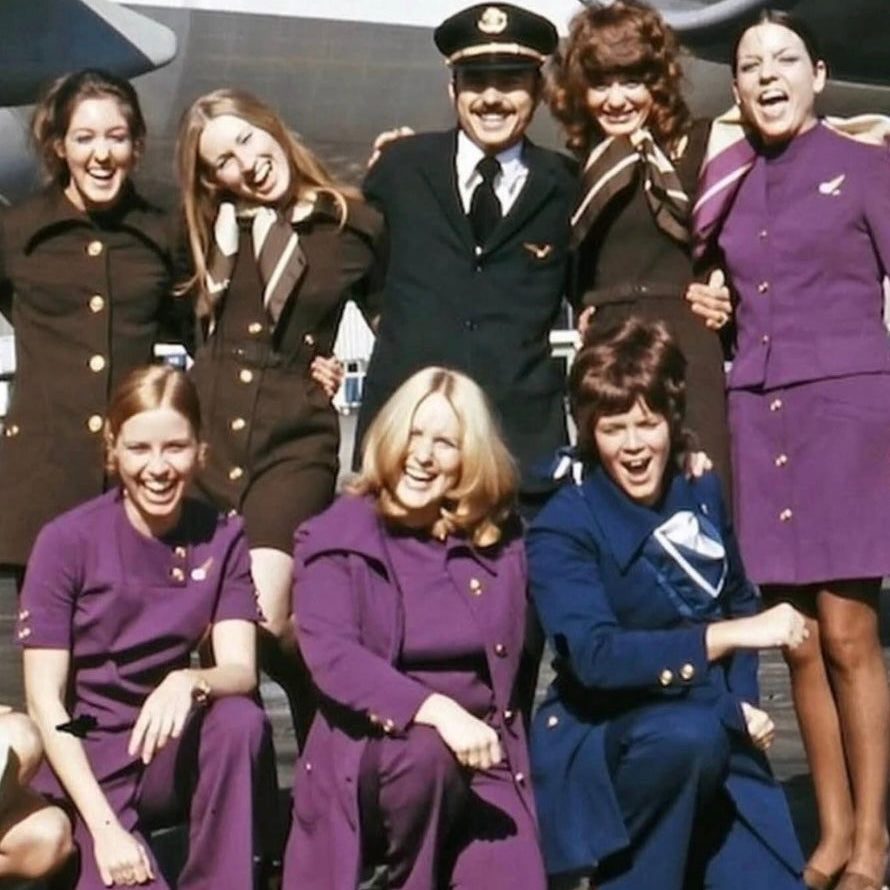 Valentino 1970's Purple Three Piece TWA Flight Attendant Uniform Ensemble, stock phoyo