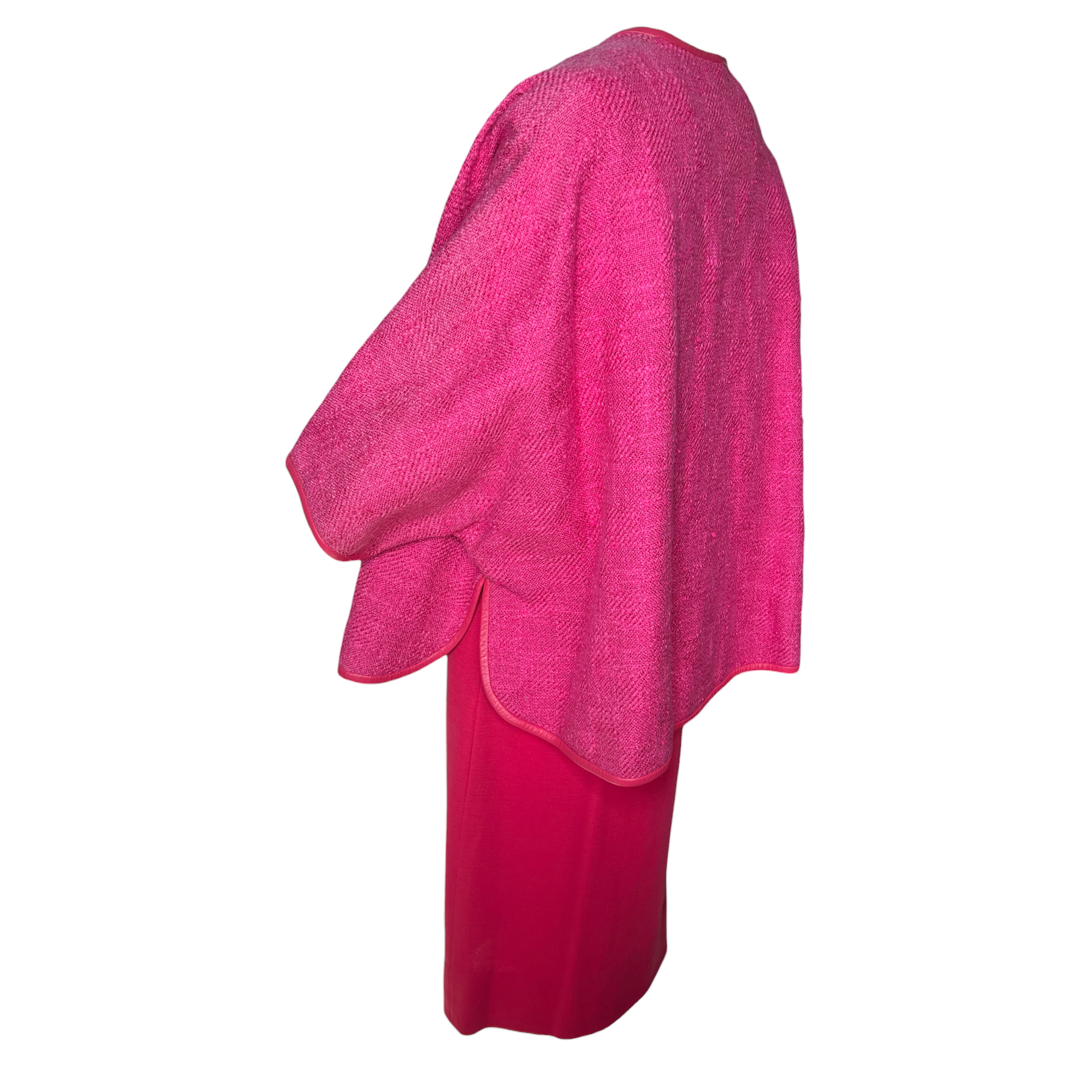 Bonnie Cashin for Sills 1960's Hot Pink Belted Dress and Tweed Cape Ensemble, left side