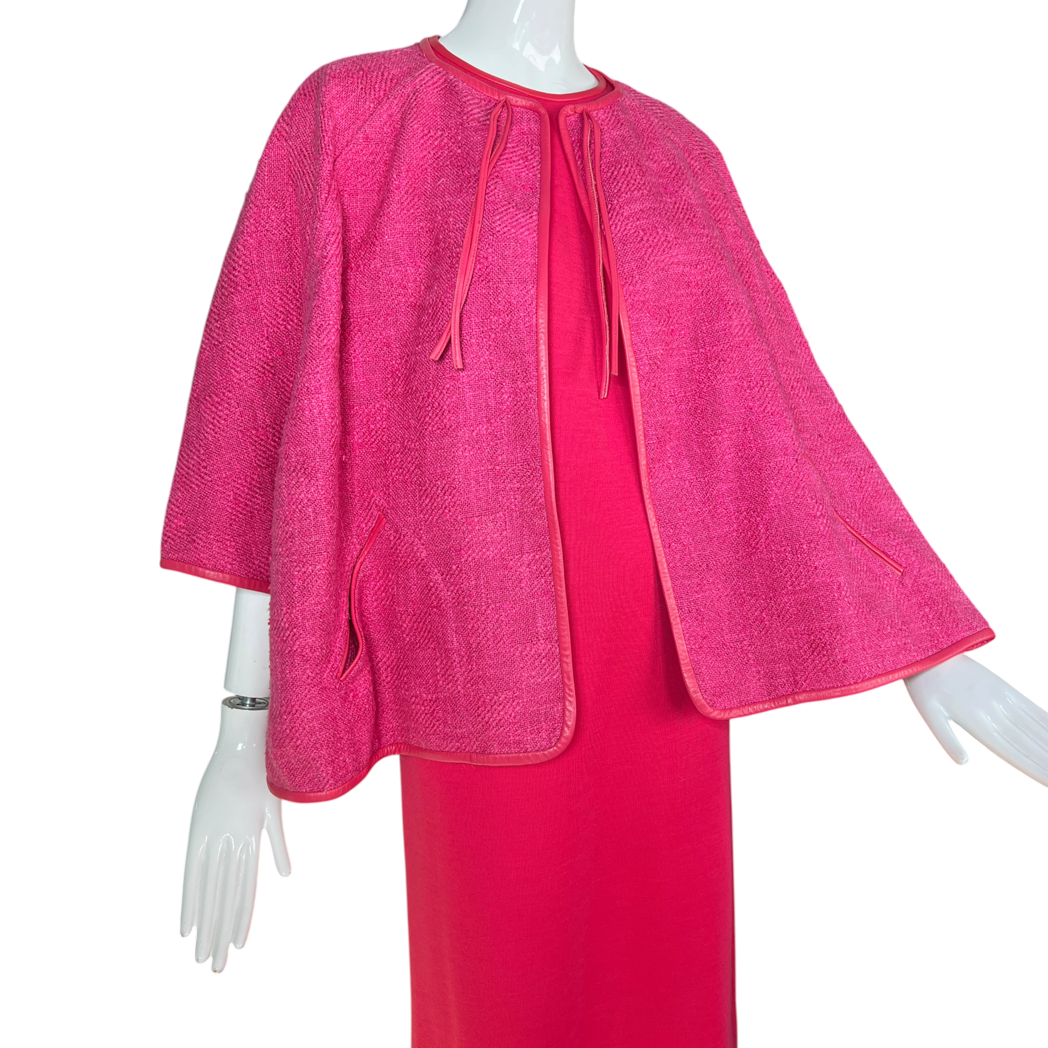 Bonnie Cashin for Sills 1960's Hot Pink Belted Dress and Tweed Cape Ensemble. top 2/3