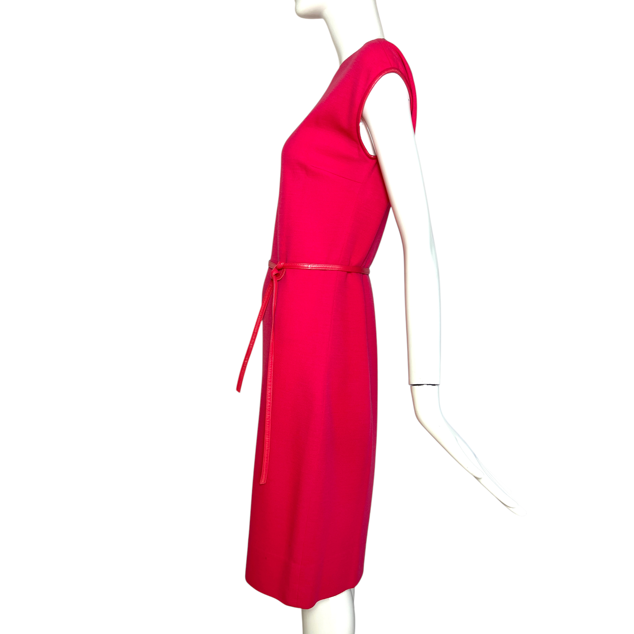 Bonnie Cashin for Sills 1960's Hot Pink Belted Dress and Tweed Cape Ensemble, left side dress belted