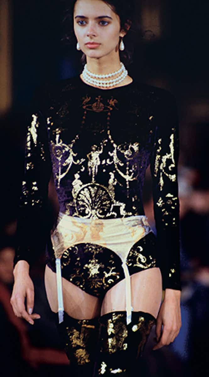 Vivienne Westwood 1992 'Salon' Black Corset Top with Red Metallic Boulle Foil Print RUNWAY PHOTO 8 OF 11