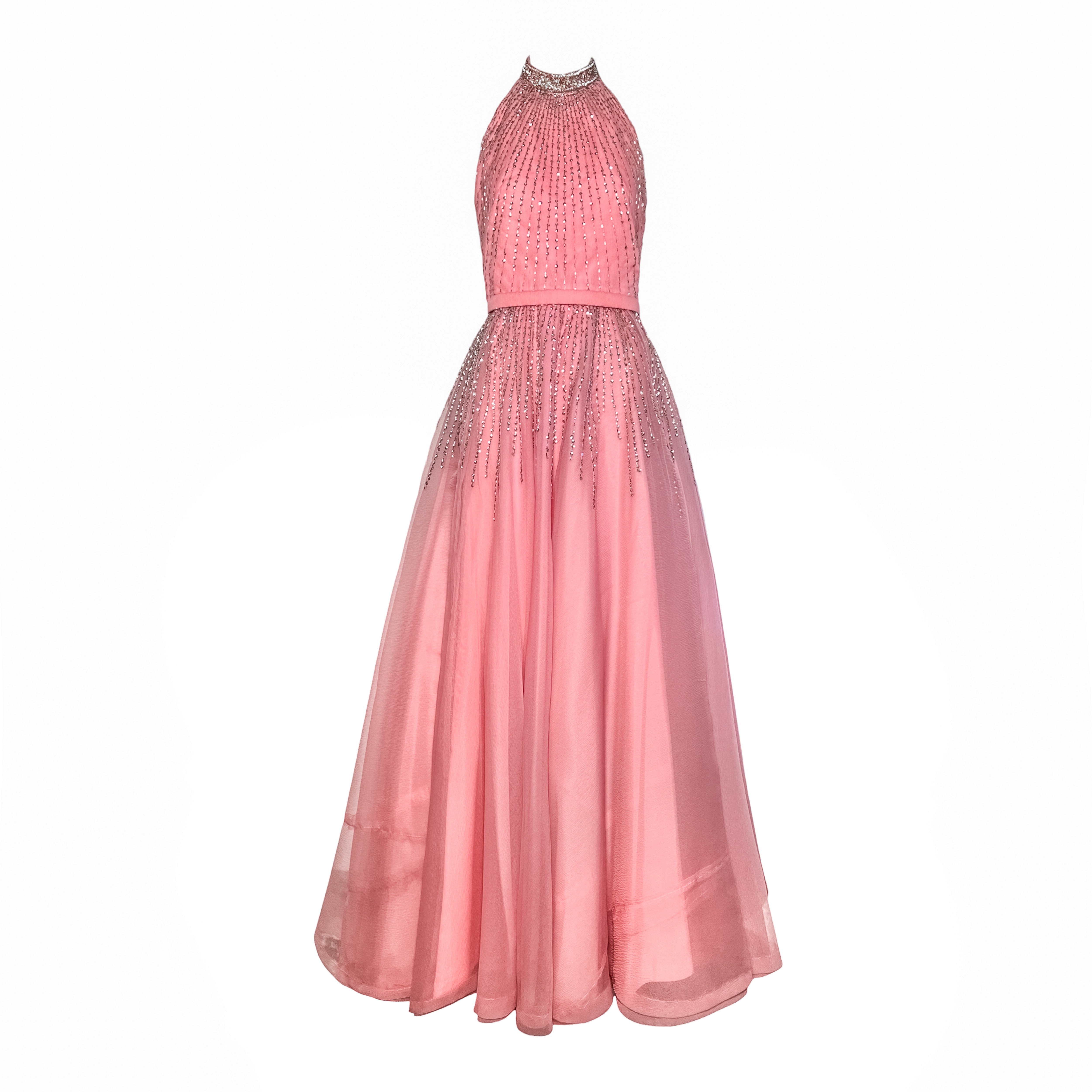 Loris Azzaro Mid-Late 1970's Bubblegum Pink Silver Beaded Halter Neck Gown
