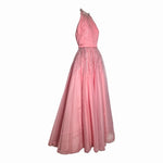 Loris Azzaro Mid-Late 1970's Bubblegum Pink Silver Beaded Halter Neck Gown, slight side
