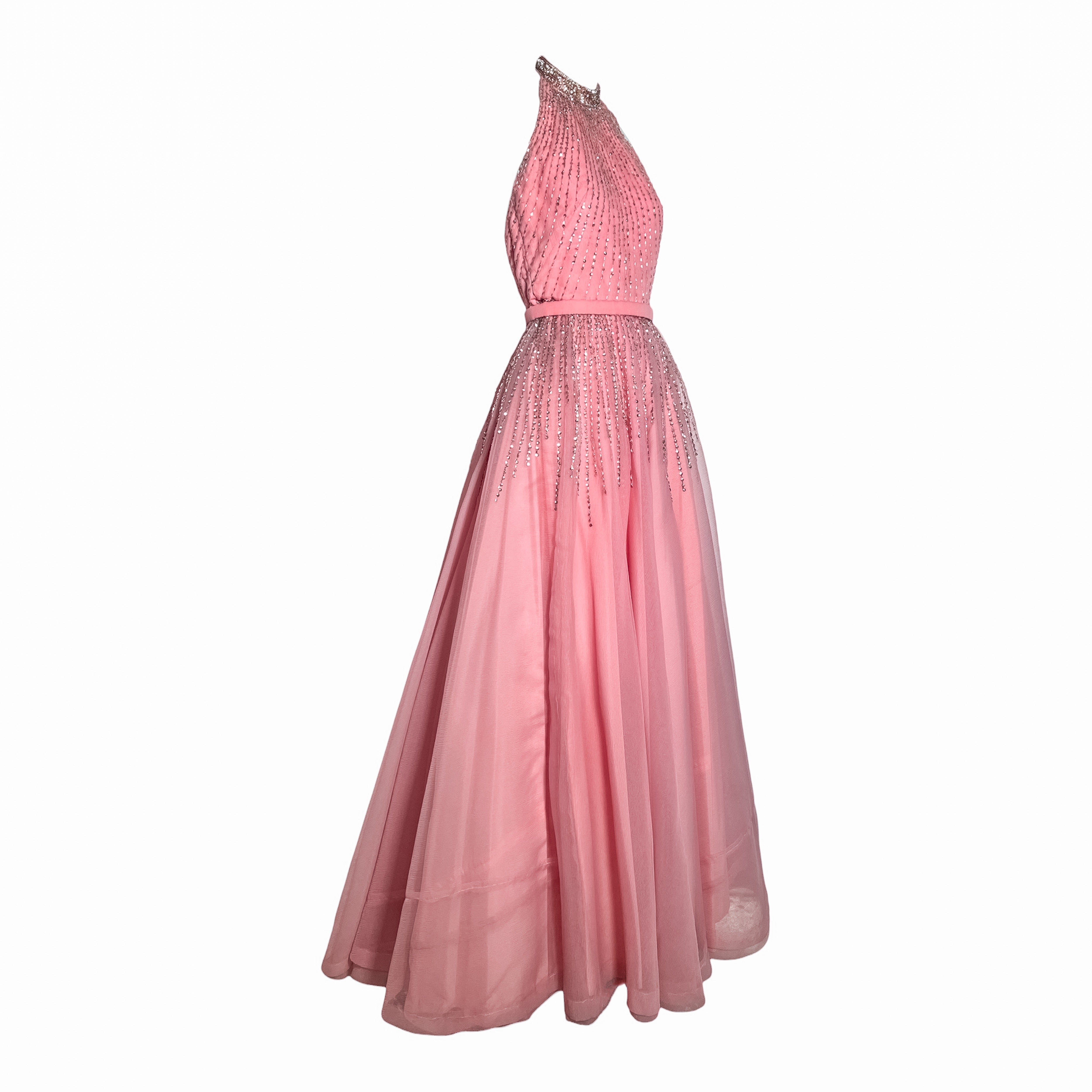 Loris Azzaro Mid-Late 1970's Bubblegum Pink Silver Beaded Halter Neck Gown, slight side
