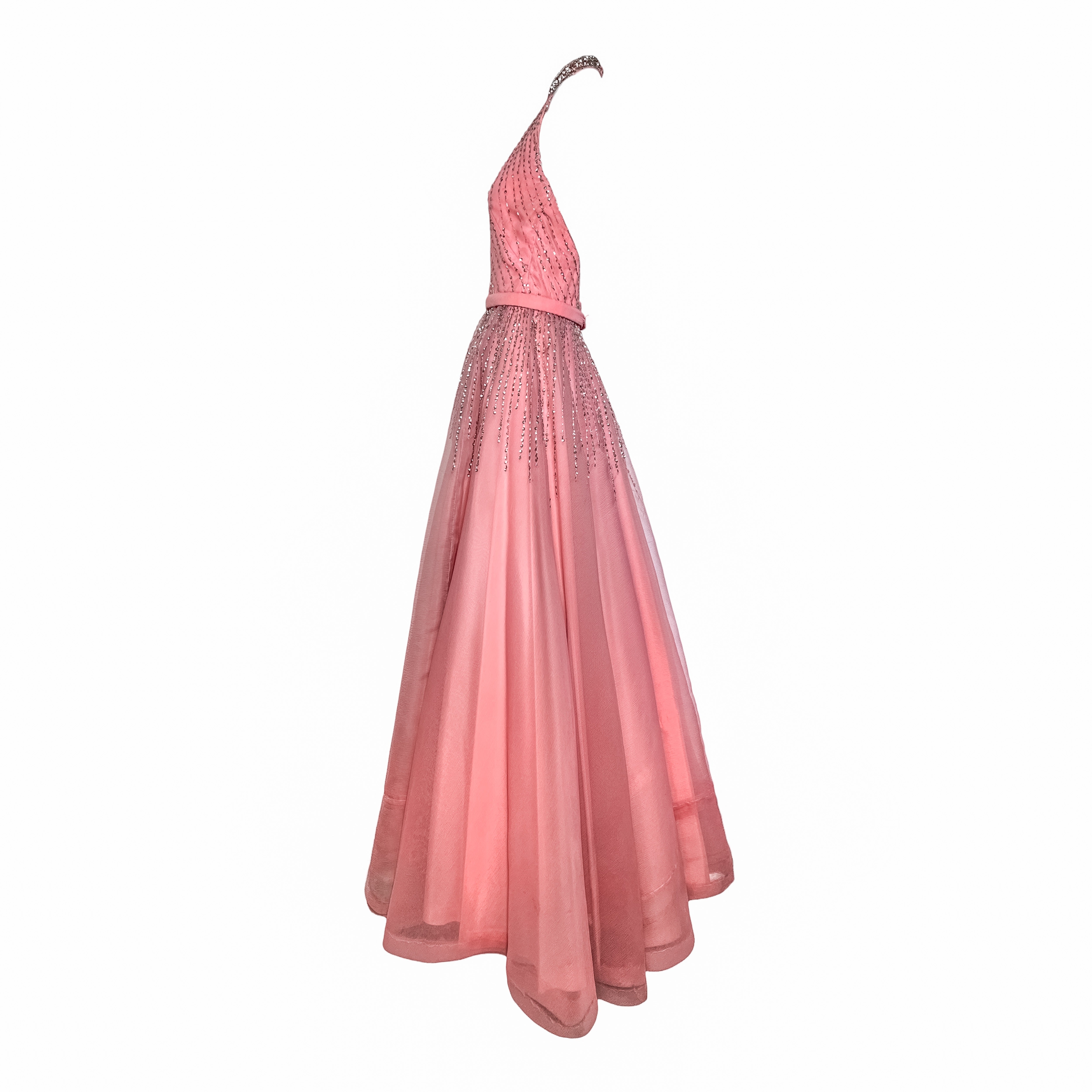 Loris Azzaro Mid-Late 1970's Bubblegum Pink Silver Beaded Halter Neck Gown, side