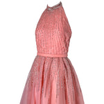 Loris Azzaro Mid-Late 1970's Bubblegum Pink Silver Beaded Halter Neck Gown, bodice detail