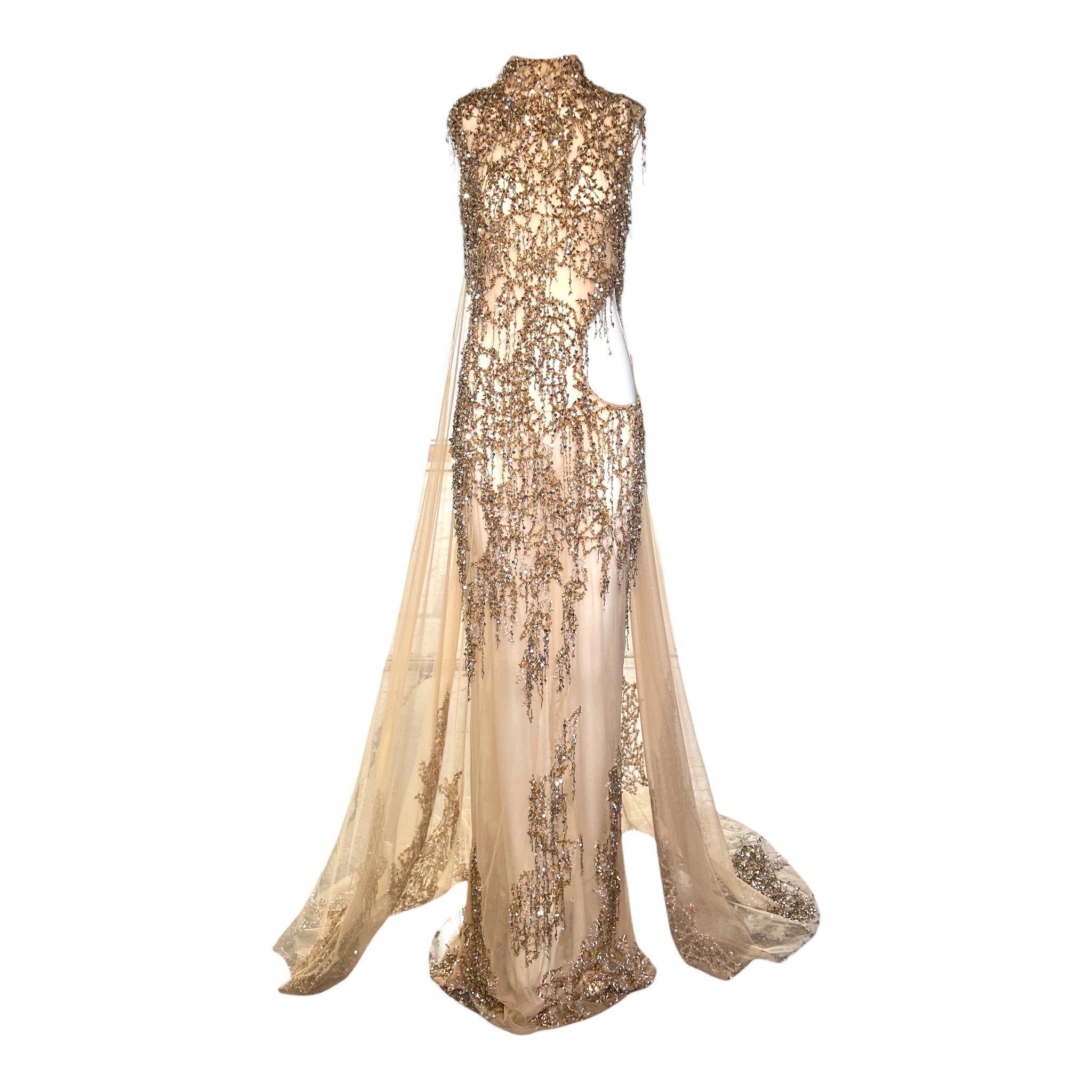 Tony Ward 2024 Gold Sequined Embellished Gown w/Sexy Side Cut-Out