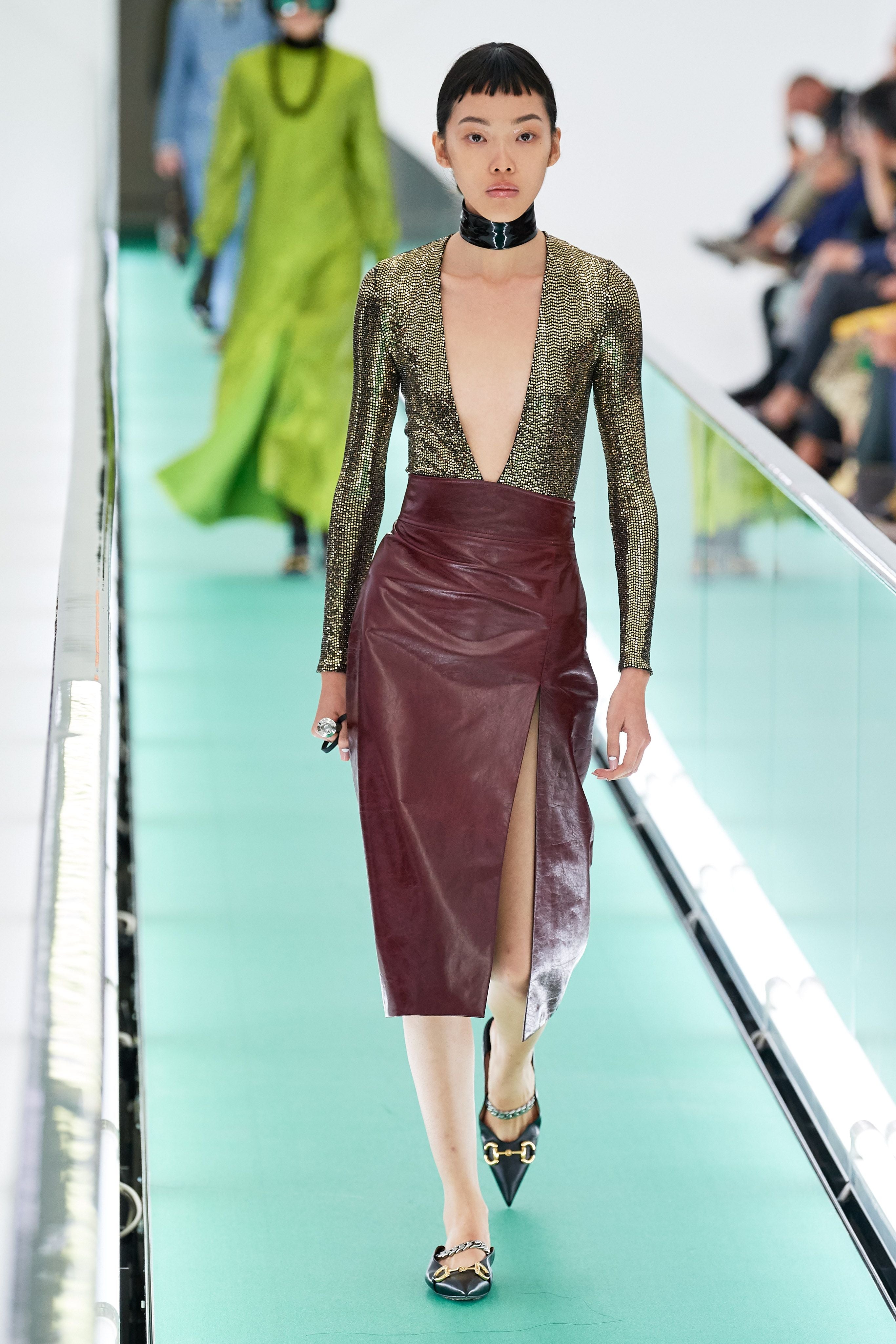 Gucci S/S 2020 Oxblood Red Leather Midi Skirt, runway