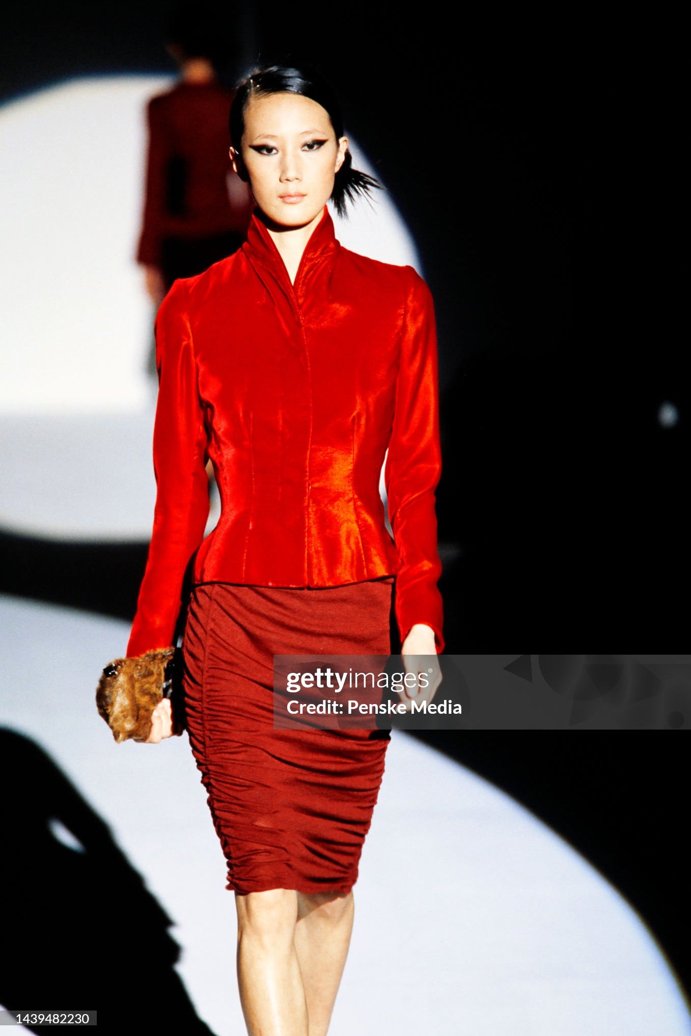 Tom Ford for Gucci F/W 1999 Burgundy Silk Jersey Ruched Skirt, runway