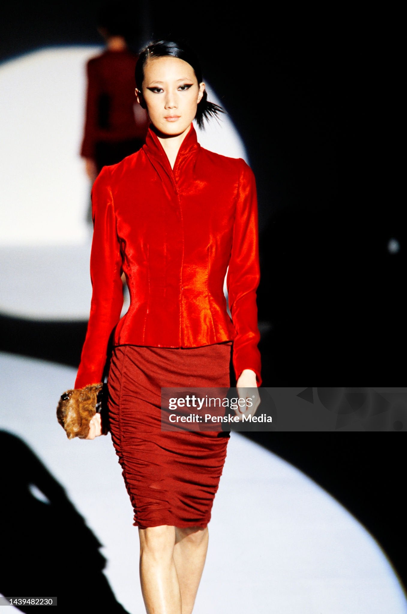 Tom Ford for Gucci F/W 1999 Burgundy Silk Jersey Ruched Skirt, runway