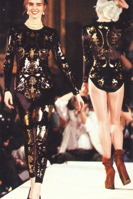Vivienne Westwood 1992 'Salon' Black Corset Top with Red Metallic Boulle Foil Print RUNWAY PHOTO 7 OF 11