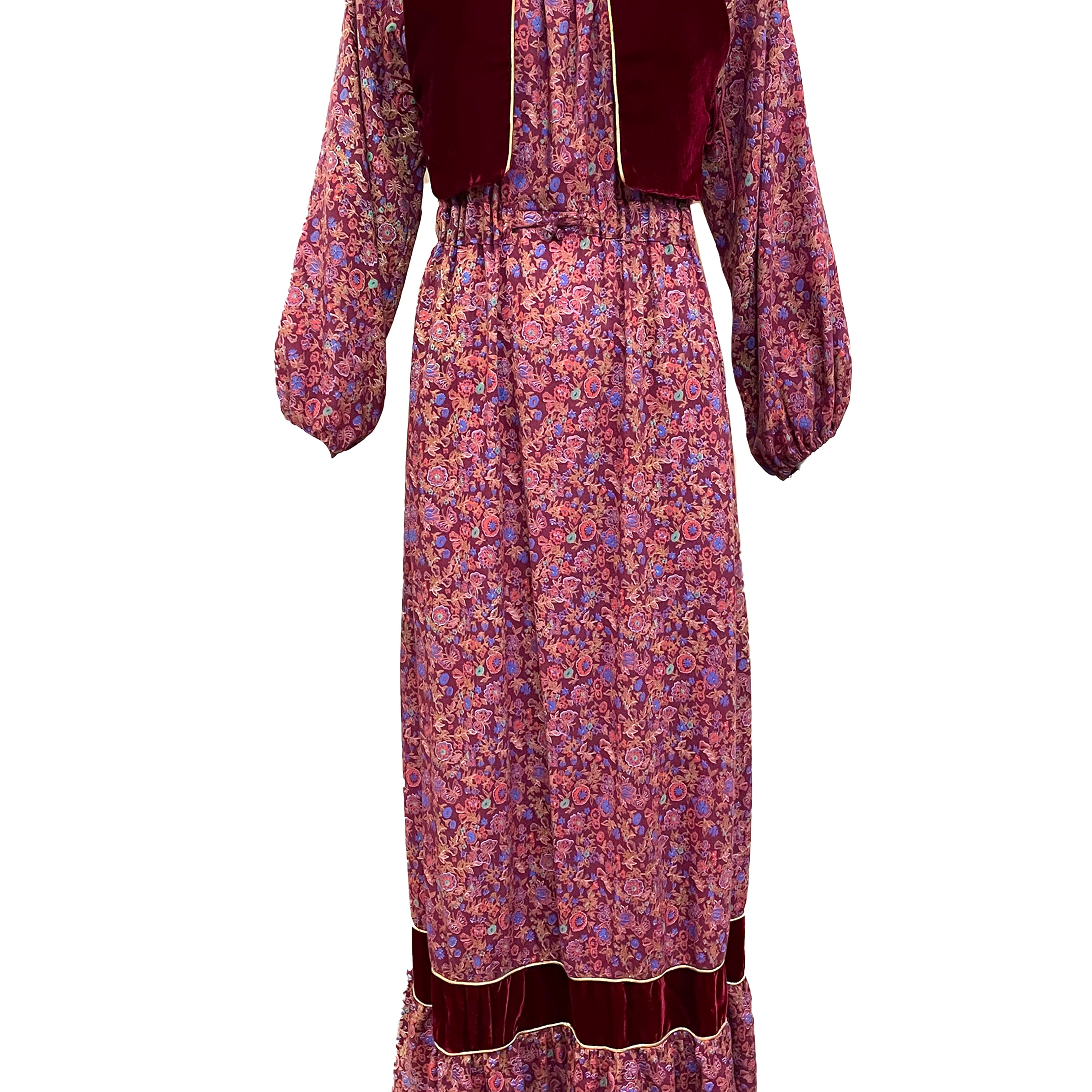 70s Peasant Maxi Dress in Burgundy Floral with Velvet Vest FRONT 1 of 6