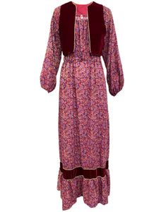 70s Peasant Maxi Dress in Burgundy Floral with Velvet Vest FRONT 1 of 6