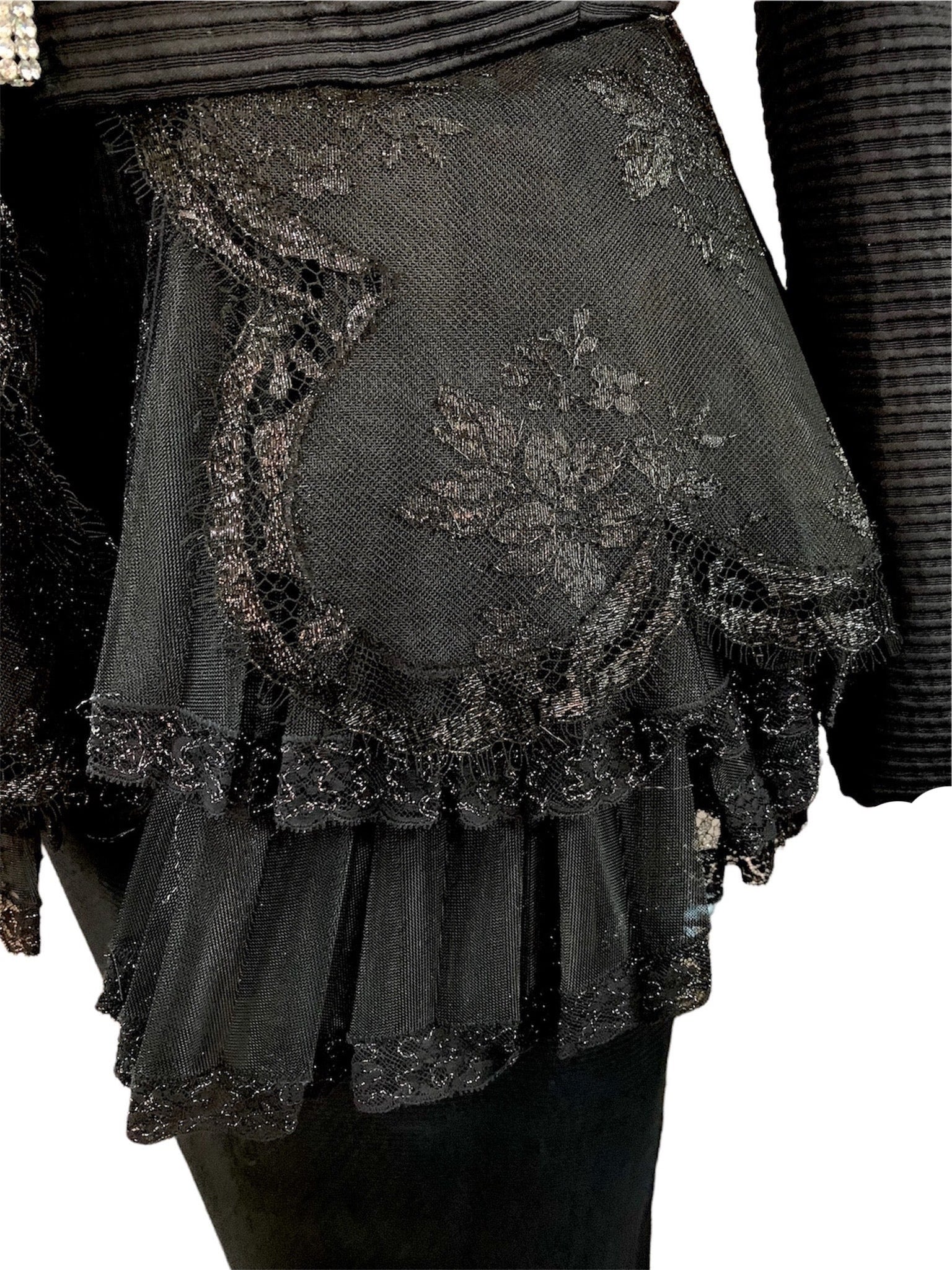 Gianfranco  Ferre 80s Black Evening Ensemble with Lace Peplum LACE DETAIL 6 of 8
