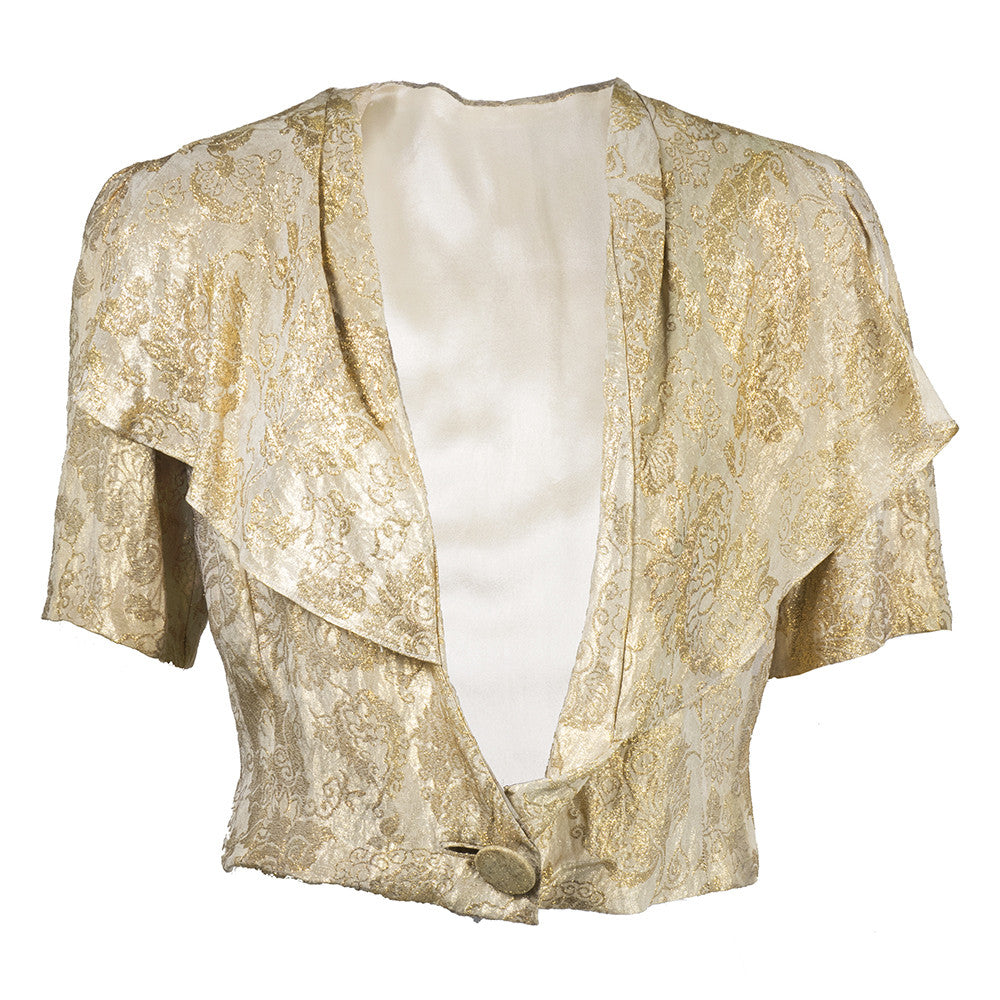 gold bolero jackets for evening dresses 1930's Brocade Lamé Cropped Short Sleeve Jacket – THE WAY WE WORE The dress is available Black Tie Garden Party YGroup_irena-strapless-mini-dress-tall JACKET SIZE:L