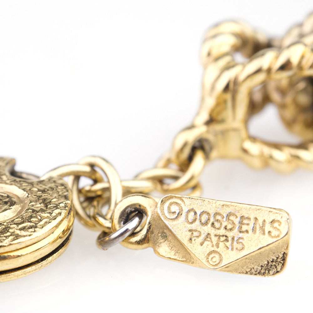 Vintage GOOSSENS 80s Gold-Tone Link & Wood Collar, cartouche
