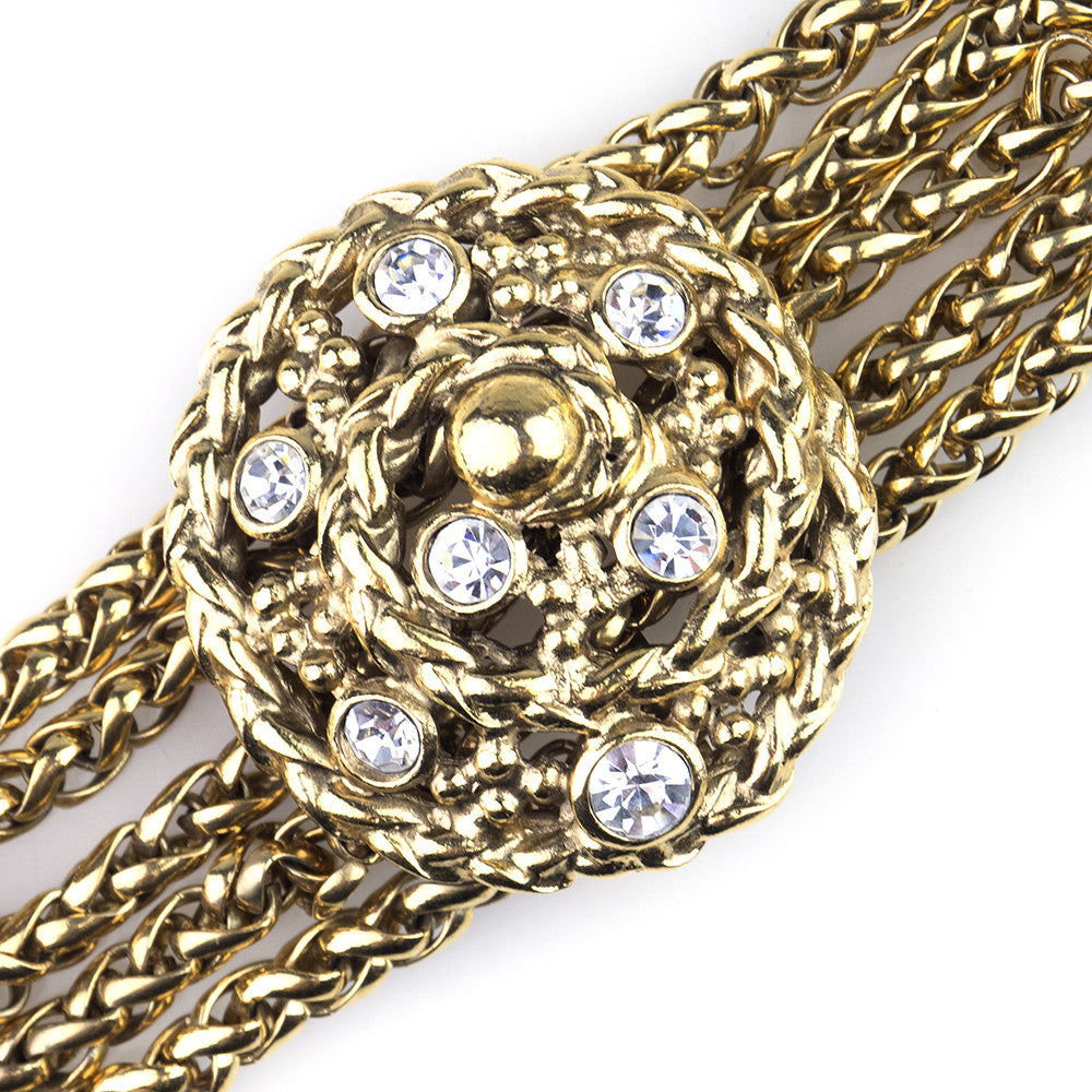 Vintage YSL Studded Chain Bracelet, detailYSL Goosens 80s Gold Tone Chain Bracelet with Rhinestone Medallion DETAIL 2 of 5