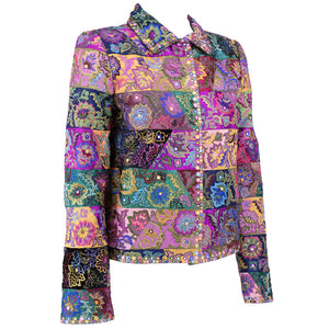 Vintage DE LA RENTA 80s Embellished Silk Patchwork Jacket, side