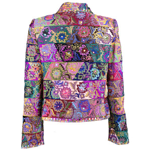 Oscar de la Renta Embellished Silk Patchwork Jacket back