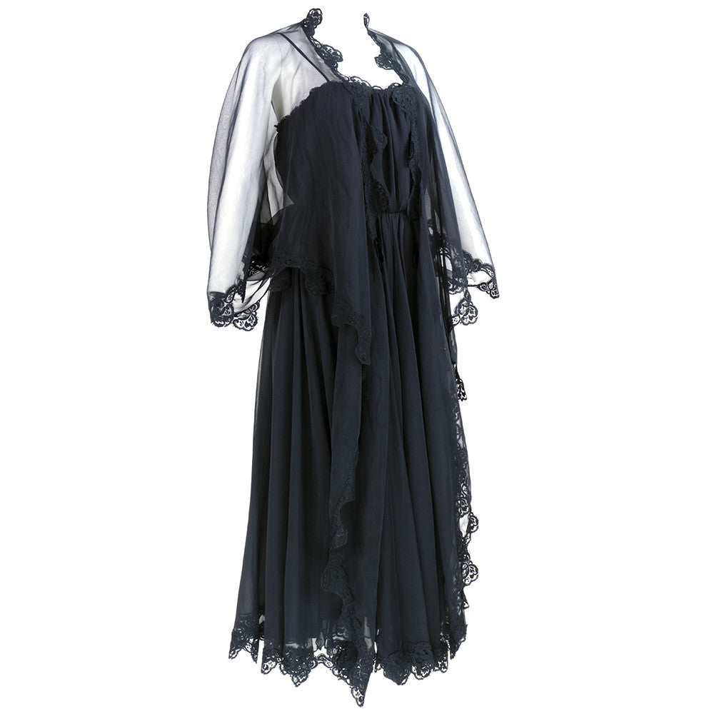 Vintage FRANK USHER 70s Black Chiffon Evening Dress, side