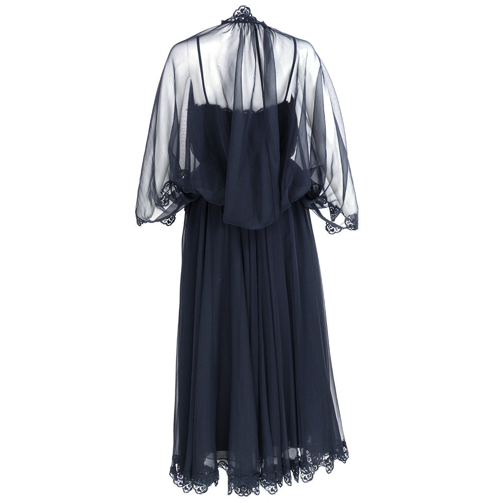 Vintage FRANK USHER 70s Black Chiffon Evening Dress, back
