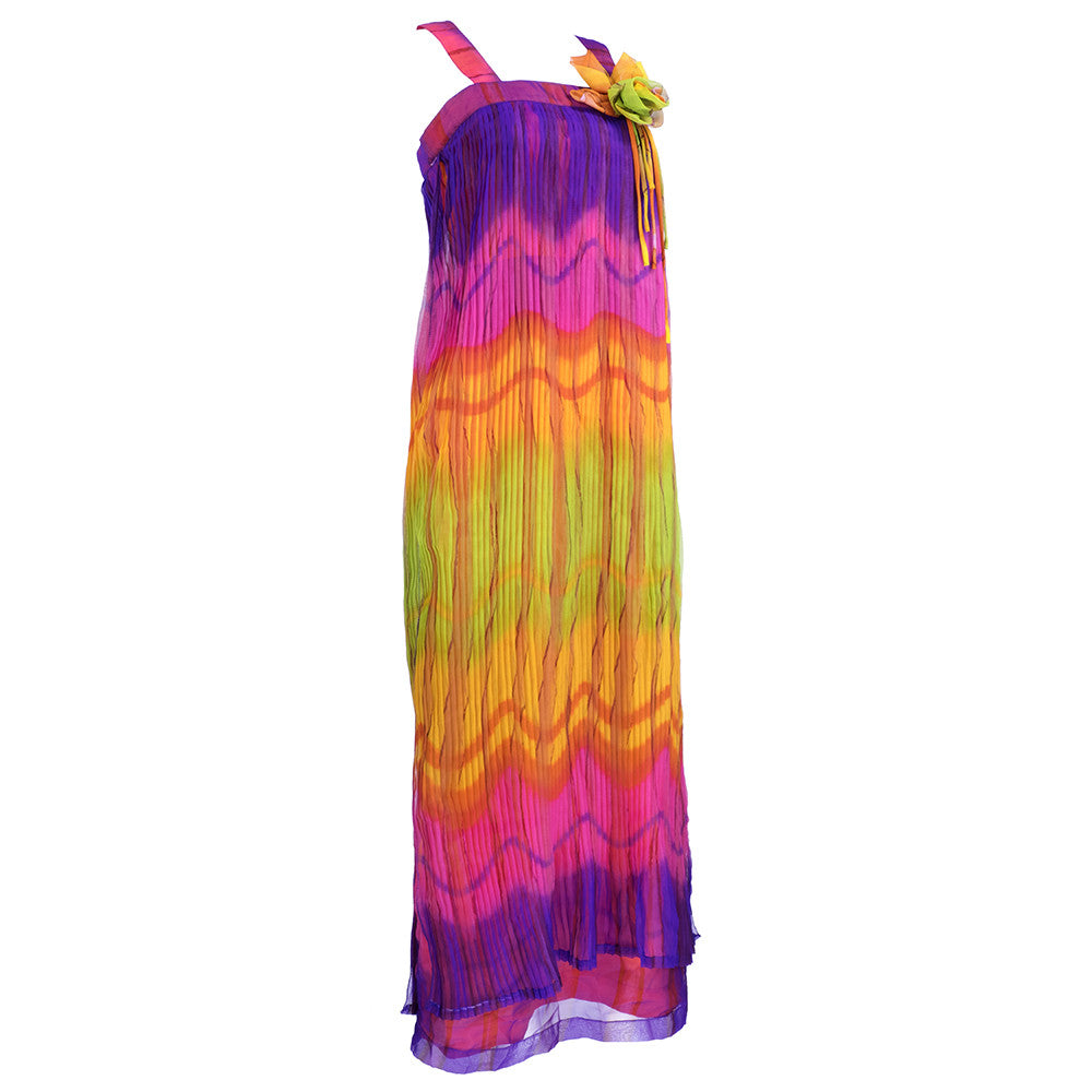 Vintage 70s Ombre Rainbow Pleated Maxi Dress, side