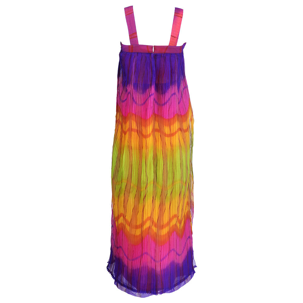 Vintage 70s Ombre Rainbow Pleated Maxi Dress, back